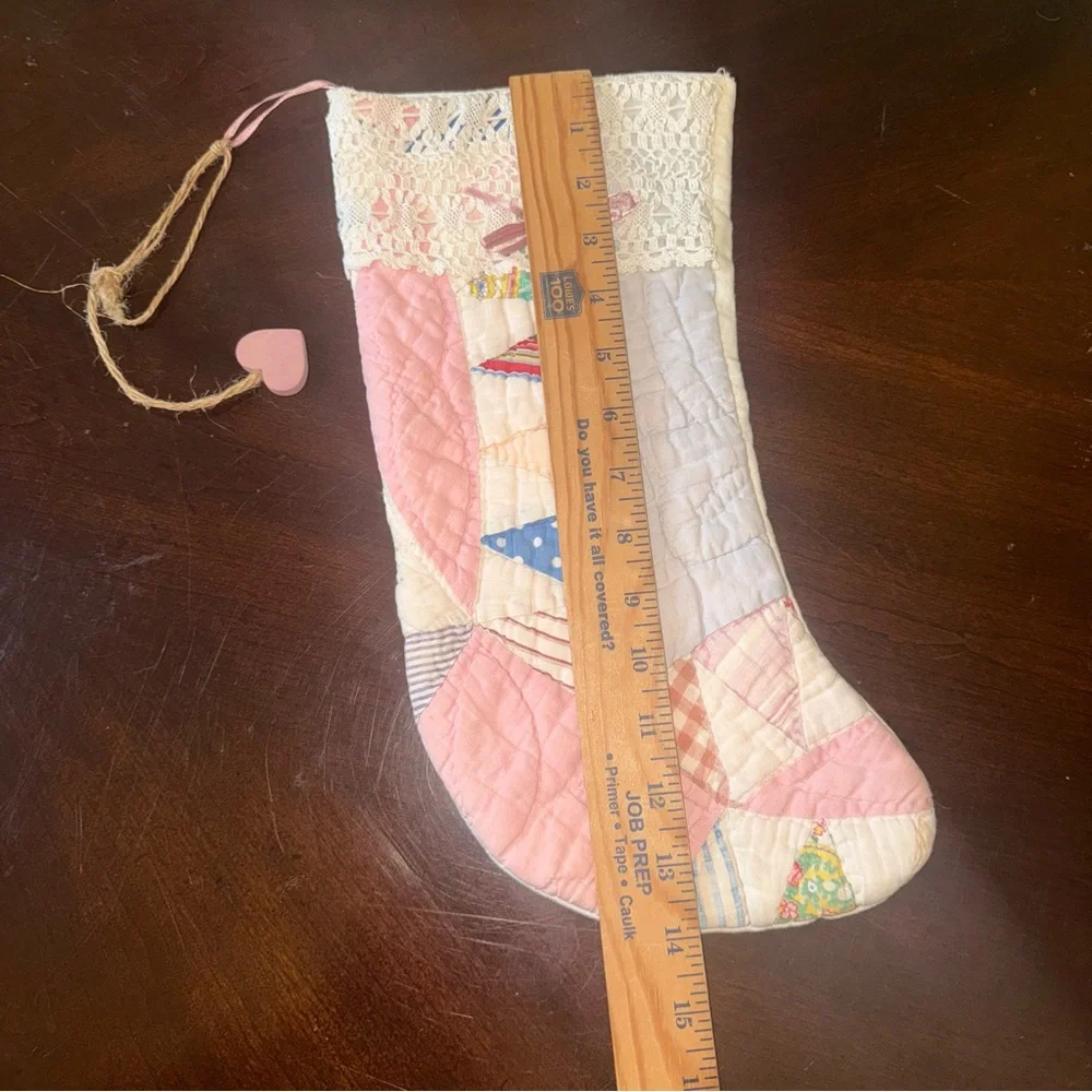 Vintage Quilt Primitive Farmhouse Christmas Stocking Pastel Lace Detail
